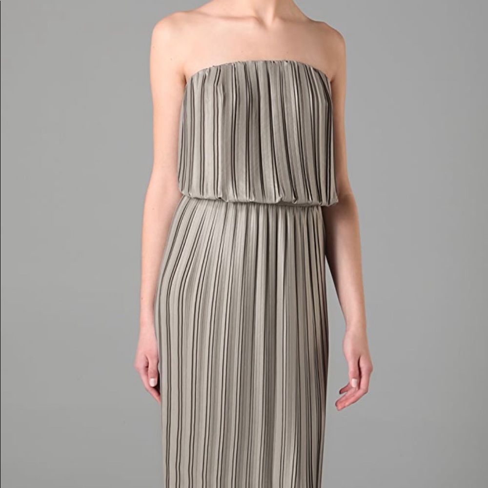 BCBG Max Azria Silver Pleated Strapless Maxi Dress